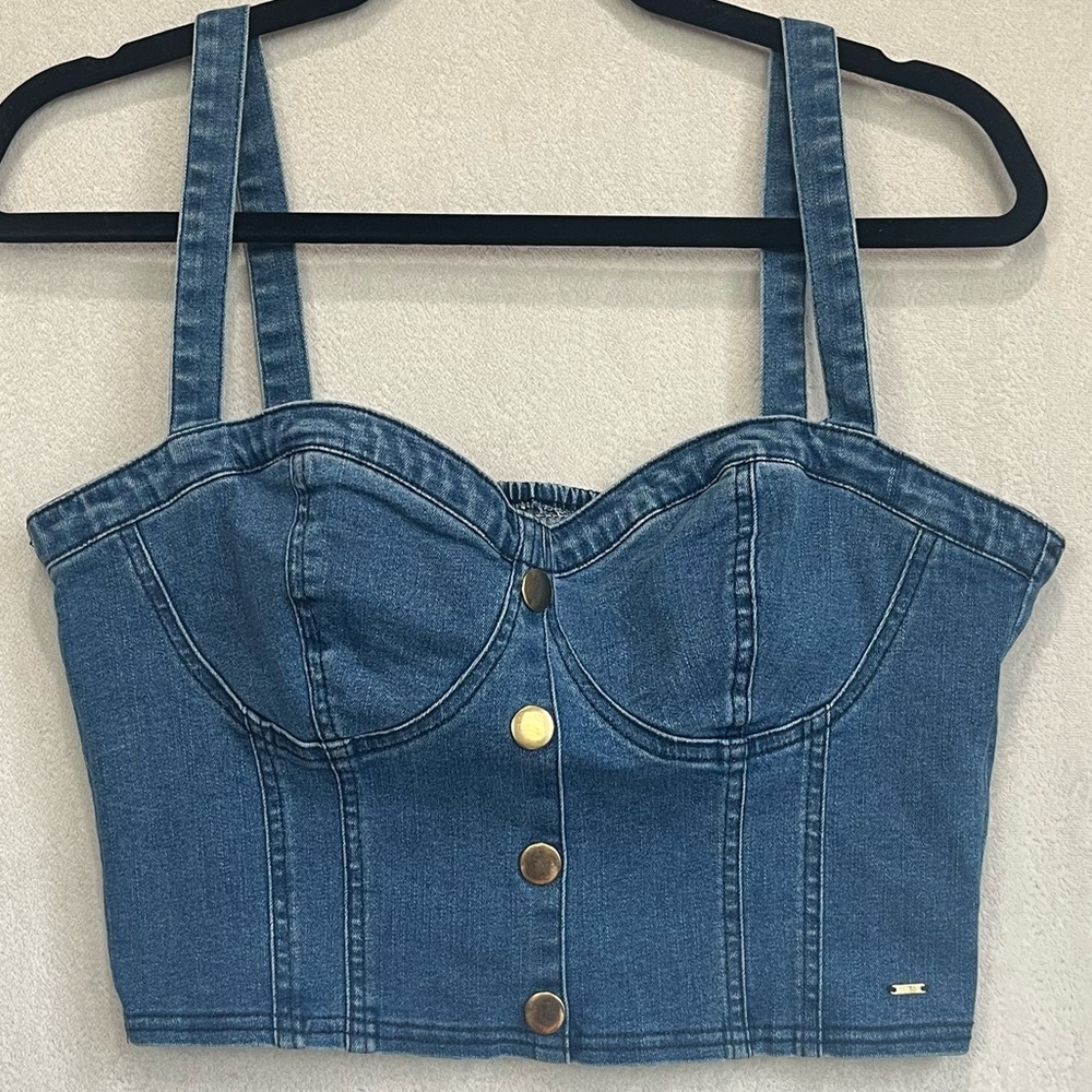 Y2K Guess Fitz Cathy Denim Bustier Top Sz Large Vintage Inspired Gold Buttons - Picture 2 of 13